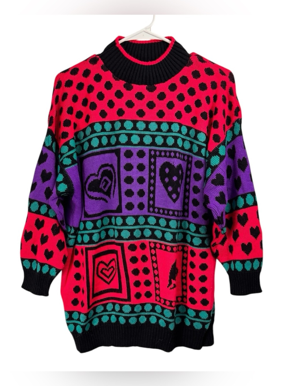 Vintage  80s Sweater Size Medium Bright Retro Neon Hearts Polka Dot Print
